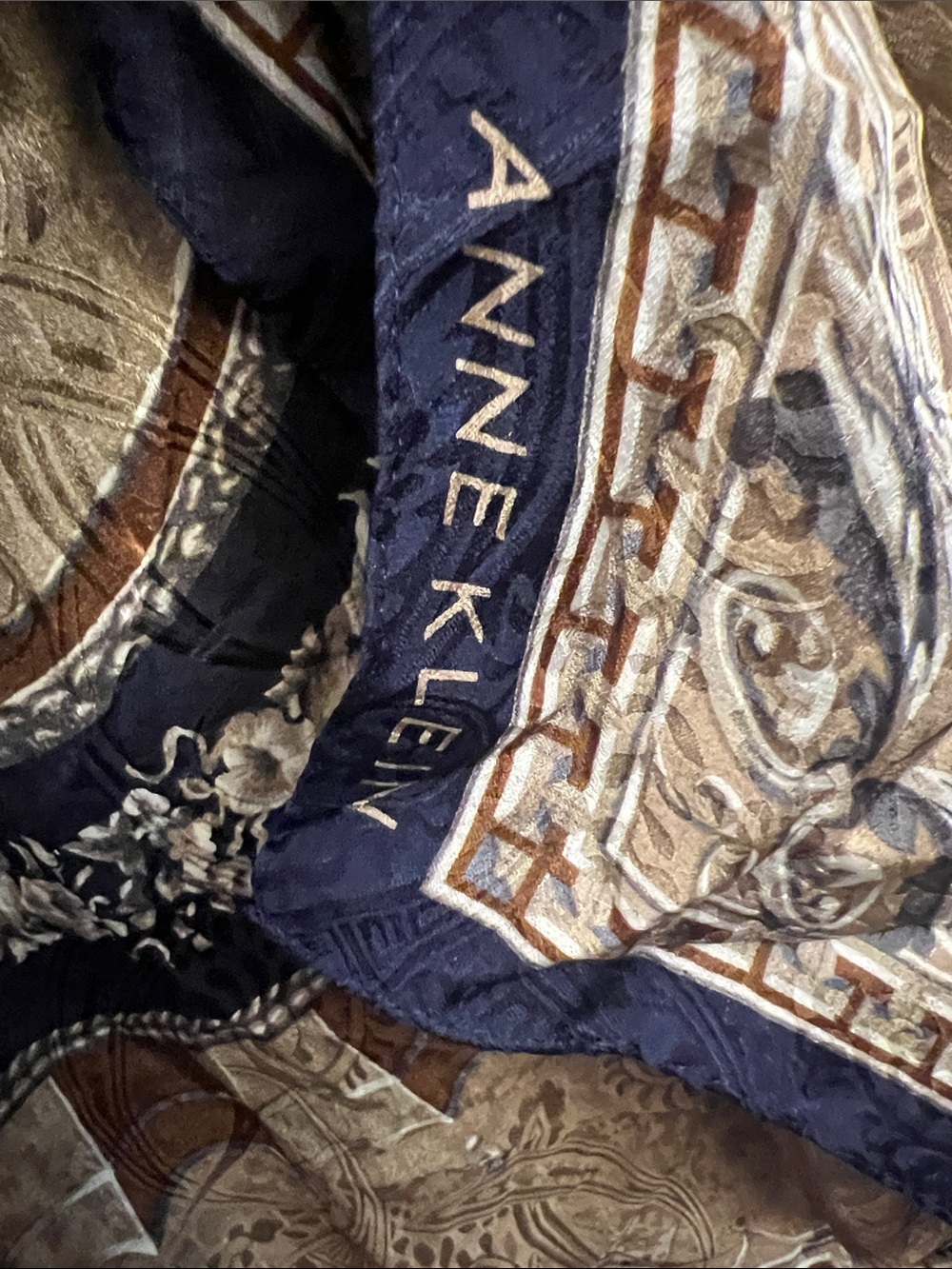 Anne Klein Silk Scarf Classic Navy Brown - Picture 2 of 3